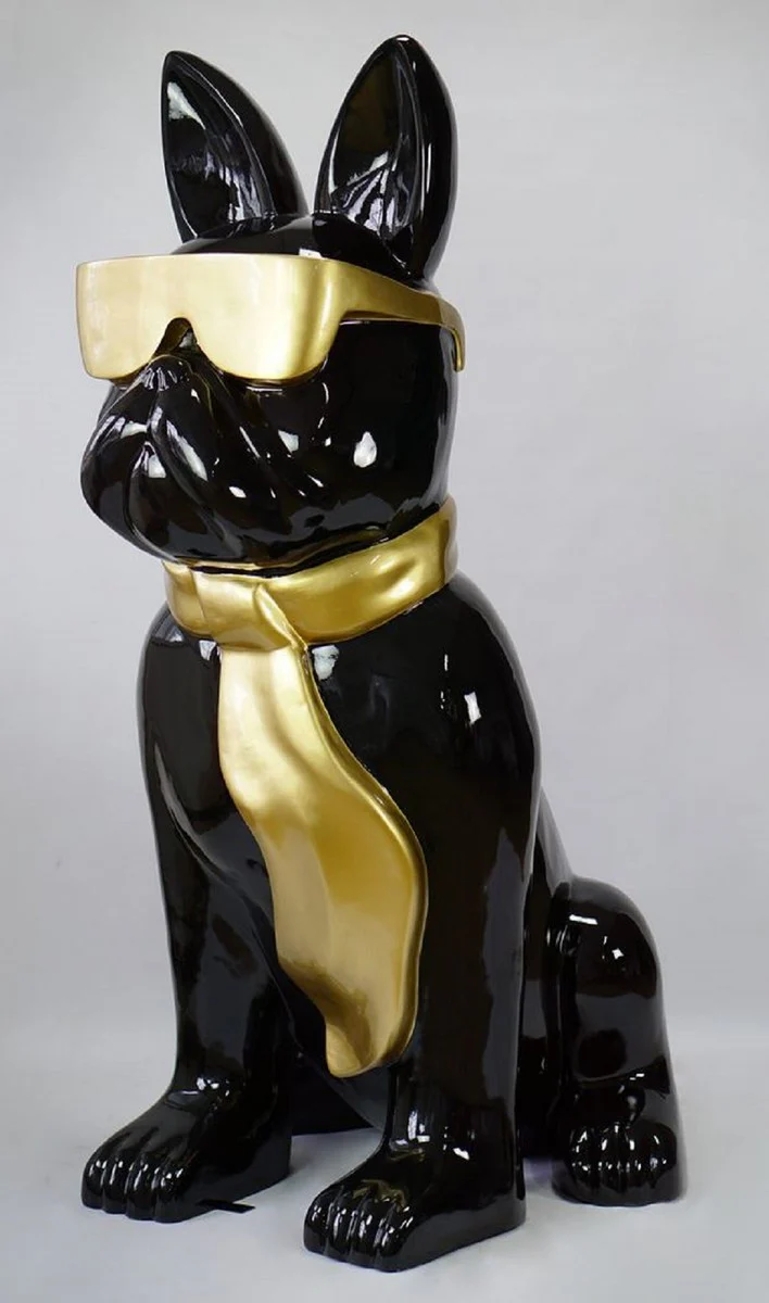 Casa Padrino escultura decorativa XXL de lujo perro bulldog con gafas y corbata negro / oro A. 196 cm - Enorme escultura de jard¨ªn - Enorme figura de jard¨ªn - Esculturas Decorativas XXL