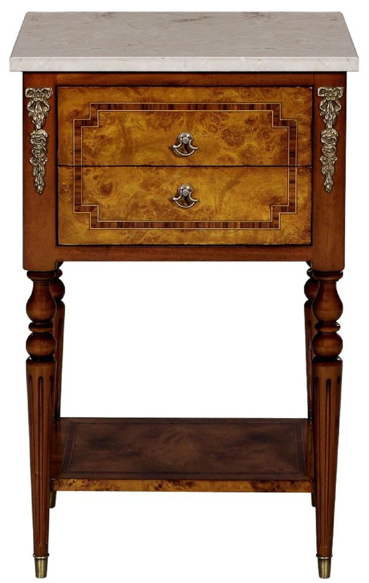 Casa Padrino mesa auxiliar barroco de lujo marrón claro / marrón / crema 42 x 31 x A. 68 cm - Mesa de madera maciza con tapa de mármol - Mesita de Noche - Muebles Barrocos