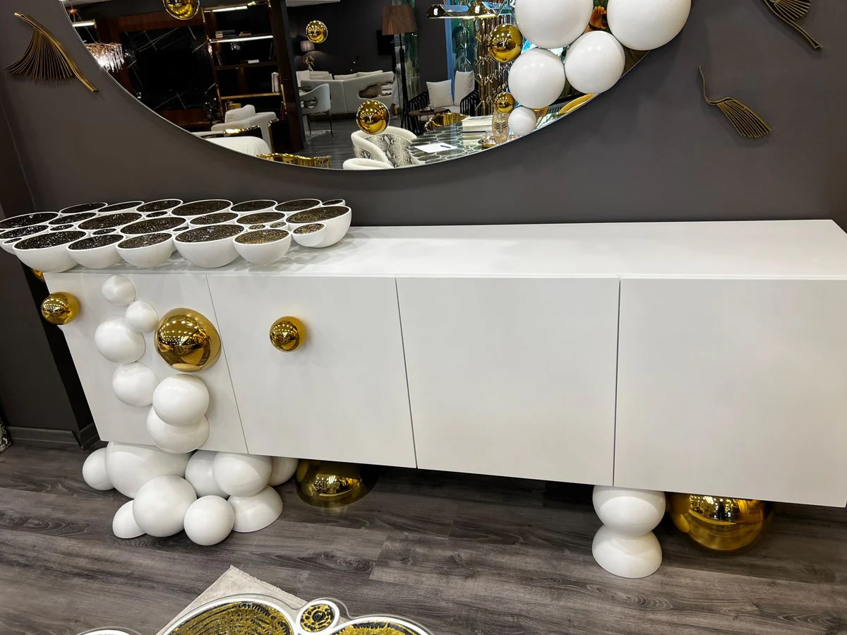 Casa Padrino aparador de dise?o de lujo blanco / oro 255 x 52 x A. 100 cm - Armario de madera maciza con 4 puertas - Muebles de lujo - Muebles de hotel - Muebles de dise?o