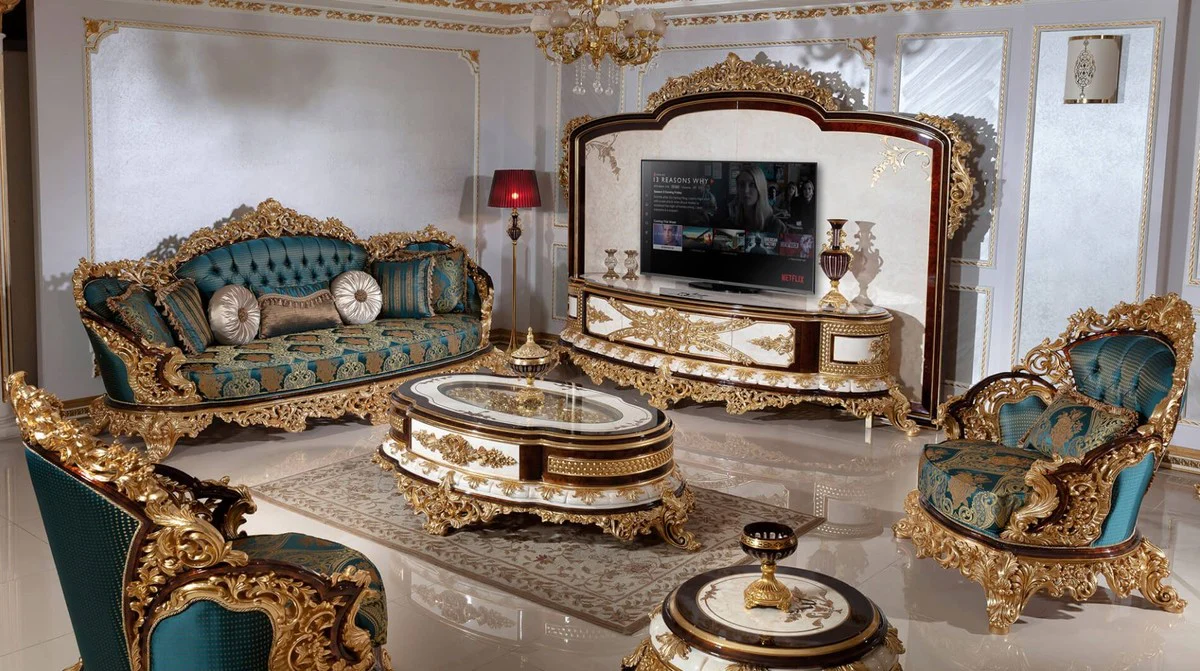 Casa Padrino armario de TV barroco de lujo blanco / marr¨®n / oro - Magn¨ªfico aparador de sal¨®n con pared trasera - Muebles de sal¨®n barrocos - Noble y Magn¨ªfico