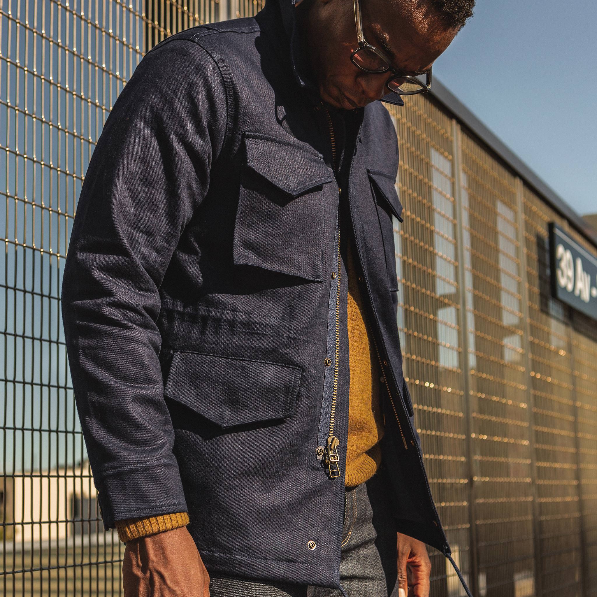 The Taylor Stitch x Alpha Industries M-51 in Indigo Reverse Sateen