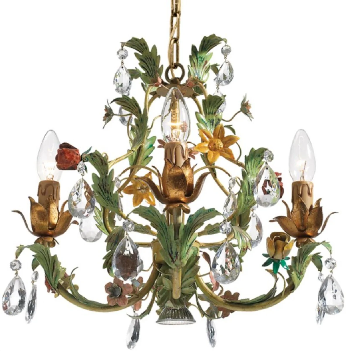 Casa Padrino araña de luces Art Nouveau de lujo de cristal rosas y flores verde / multicolor Ø 60 x A. 60 cm - Arañas de Luces de Salón Barroco y Art Nouveau