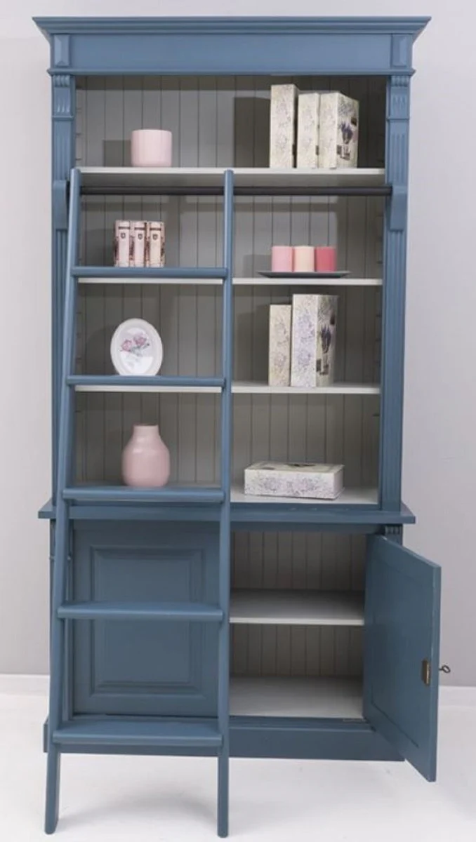 Casa Padrino armario de libros de estilo campestre con escalera azul / gris 120 x 51 x A. 228 cm - Armario de Sala de Estar de Madera Maciza - Armario de Oficina - Muebles de Estilo Campestre