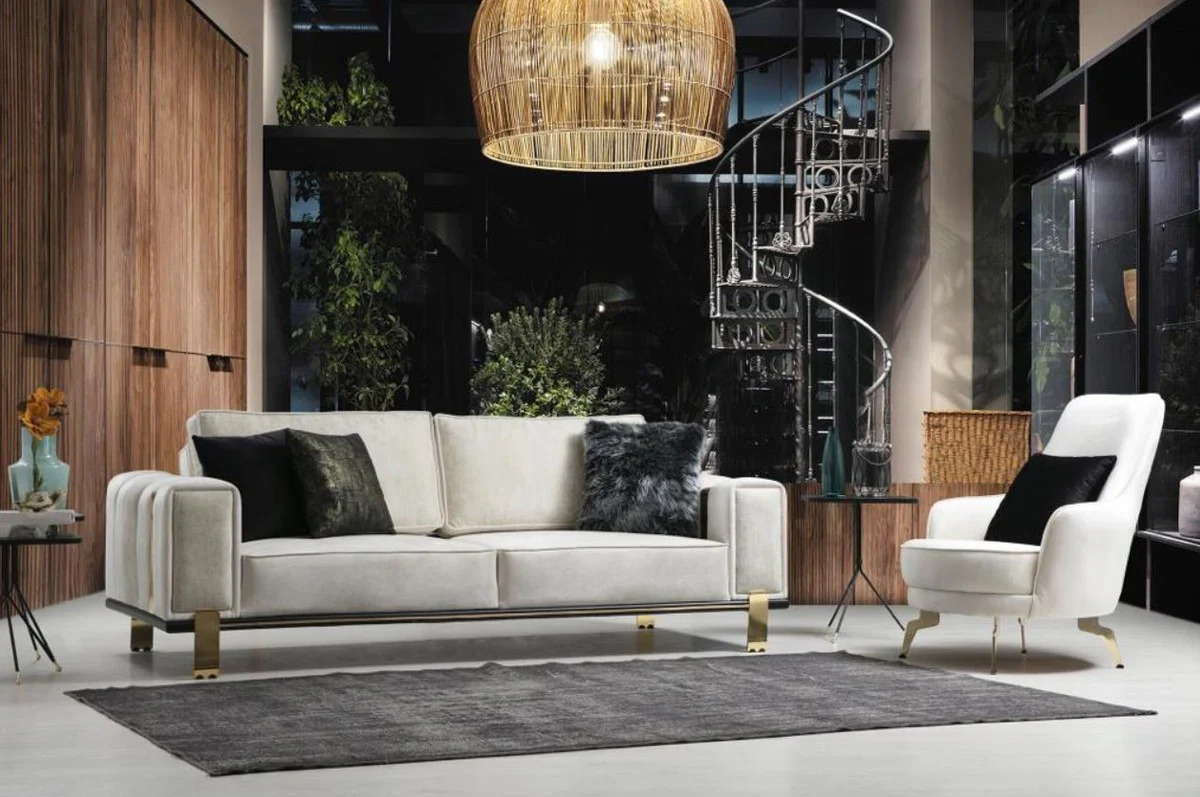 Casa Padrino sof¨¢ de sal¨®n de lujo con respaldo ajustable blanco / gris / oro 223 x 93 x A. 76 cm - Muebles de Sal¨®n - Muebles de Lujo