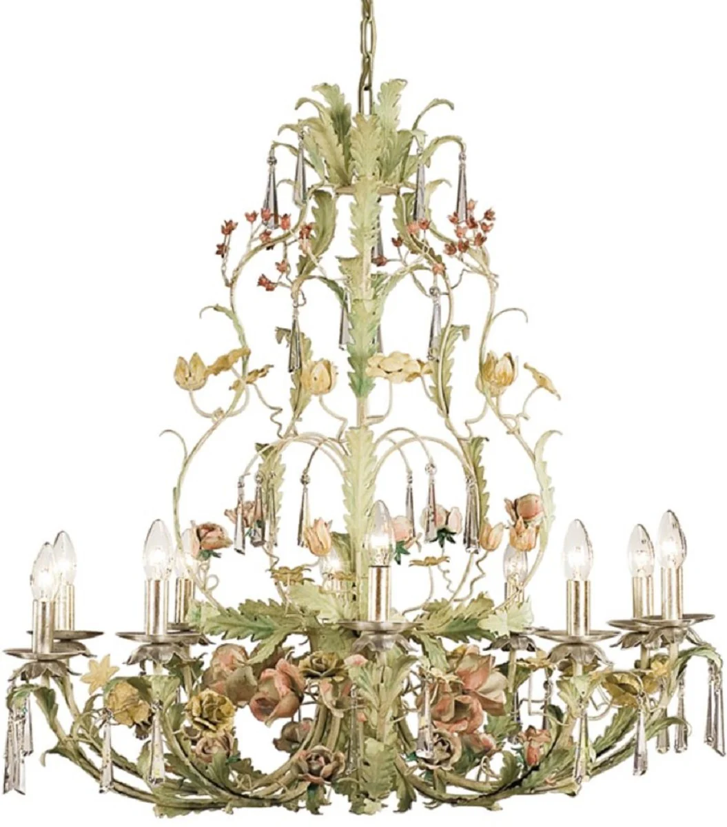 Casa Padrino araña de luces Art Nouveau de lujo con cristal Swarovski rosas y flores verde / multicolor Ø 100 x A. 90 cm - Arañas de Luces de Salón Barroco y Art Nouveau