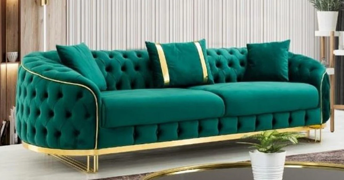 Casa Padrino sof¨¢ Chesterfield de lujo verde / oro 240 x 95 x A. 72 cm - Sof¨¢ de sal¨®n moderno - Muebles de Sal¨®n Chesterfield