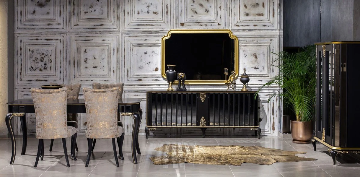 Luxus Barock Vitrine Schwarz / Gold - Verspiegelter Massivholz Vitrinenschrank mit 2 Türen - Prunkvolle Barock Möbel