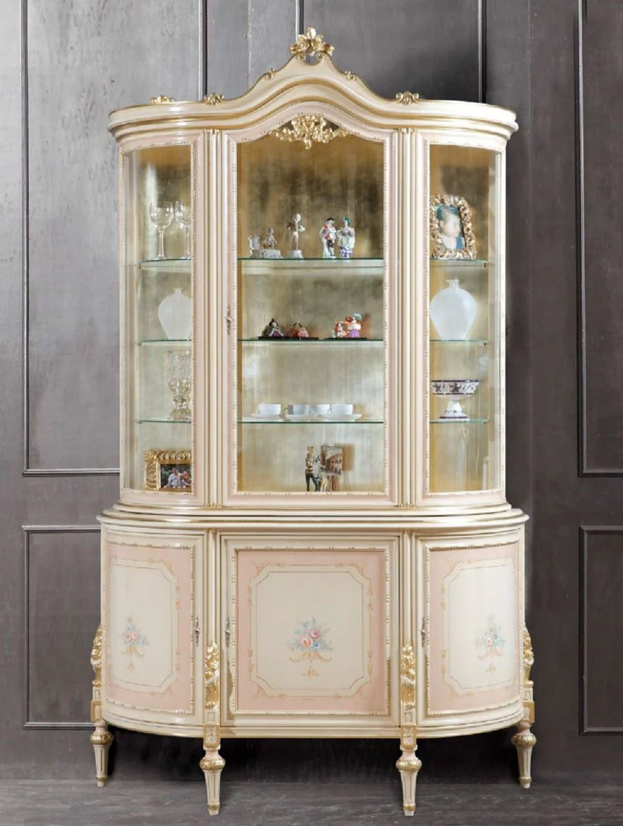 Luxus Barock Vitrine Cremefarben / Rosa / Mehrfarbig / Gold - Handgefertigter Vitrinenschrank mit 4 Türen - Prunkvolle Barock Möbel - Luxus Qualität - Made in Italy