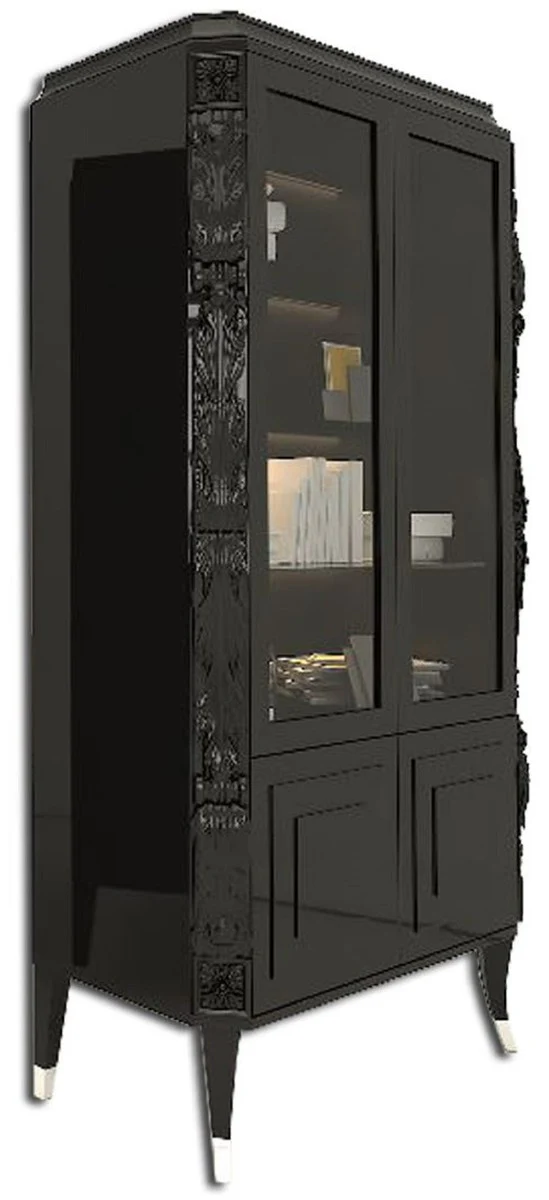 Luxus Art Deco Vitrine Schwarz / Silber - Handgefertigter Massivholz Vitrinenschrank - Art Deco Wohnzimmer Möbel