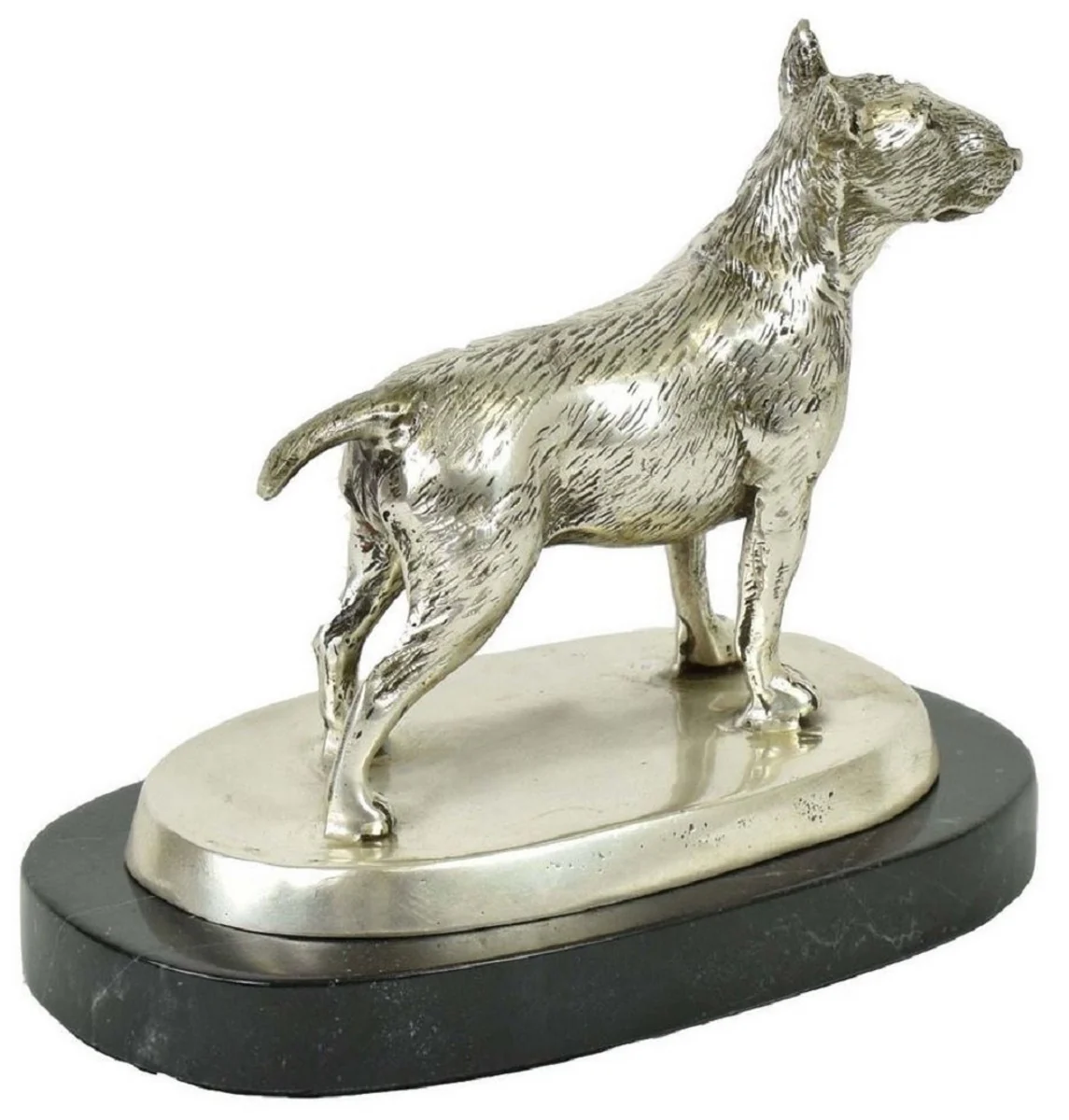 Luxus Deko Bronzefigur Bullterrier Hund Silber / Schwarz 19 x 10 x H. 15 cm - Bronze Skulptur mit Marmorsockel - Dekofigur - Deko Accessoires