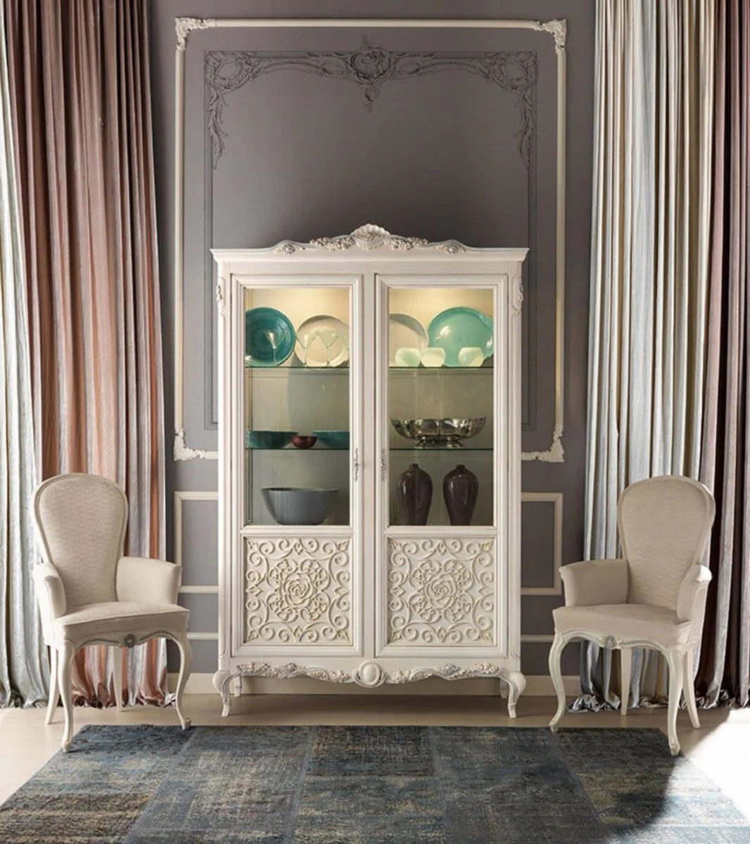 Luxus Barock Vitrine Creme / Grau - Handgefertigter italienischer Barockstil Vitrinenschrank - Barockstil Möbel - Italienische Barock Möbel - Luxus Qualität - Made in Italy