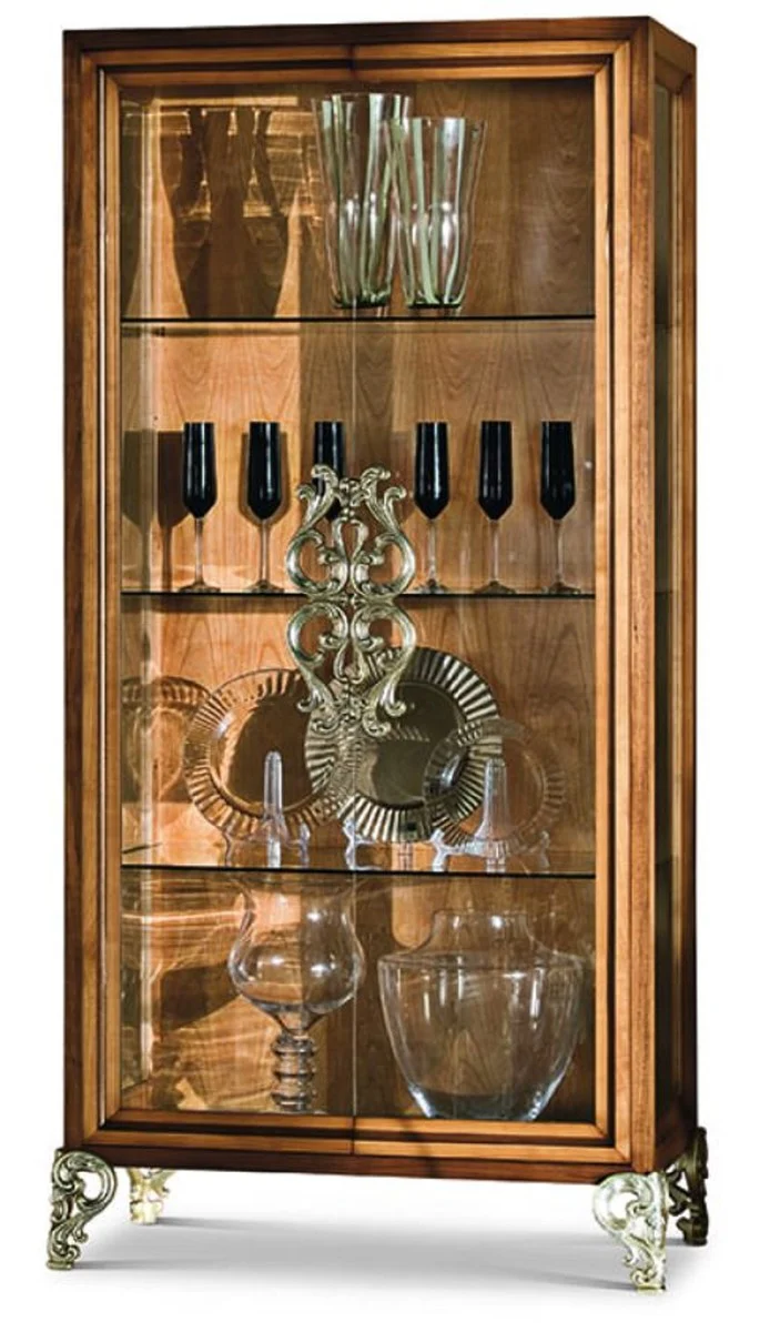 Luxus Barock Vitrine mit 2 Glastüren Braun / Silber H. 191,5 cm - Barock Möbel - Made in Italy