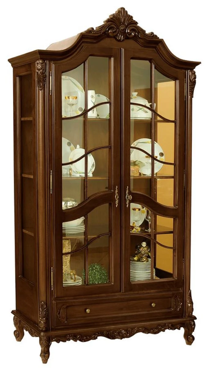 Luxus Barock Vitrine Dunkelbraun - Prunkvoller Massivholz Vitrinenschrank mit 2 Glastüren und Schublade - Handgefertigte Barock Möbel - Edel & Prunkvoll