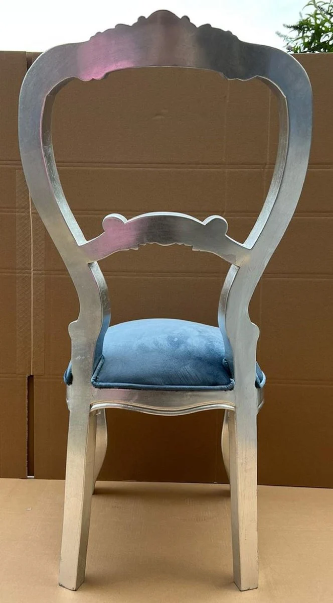 Luxus Barock Damen Stuhl Blau / Silber - Handgefertigter Barockstil Schminktisch Stuhl - Luxus Schlafzimmer Möbel im Barockstil - Barock Möbel - Edel & Prunkvoll
