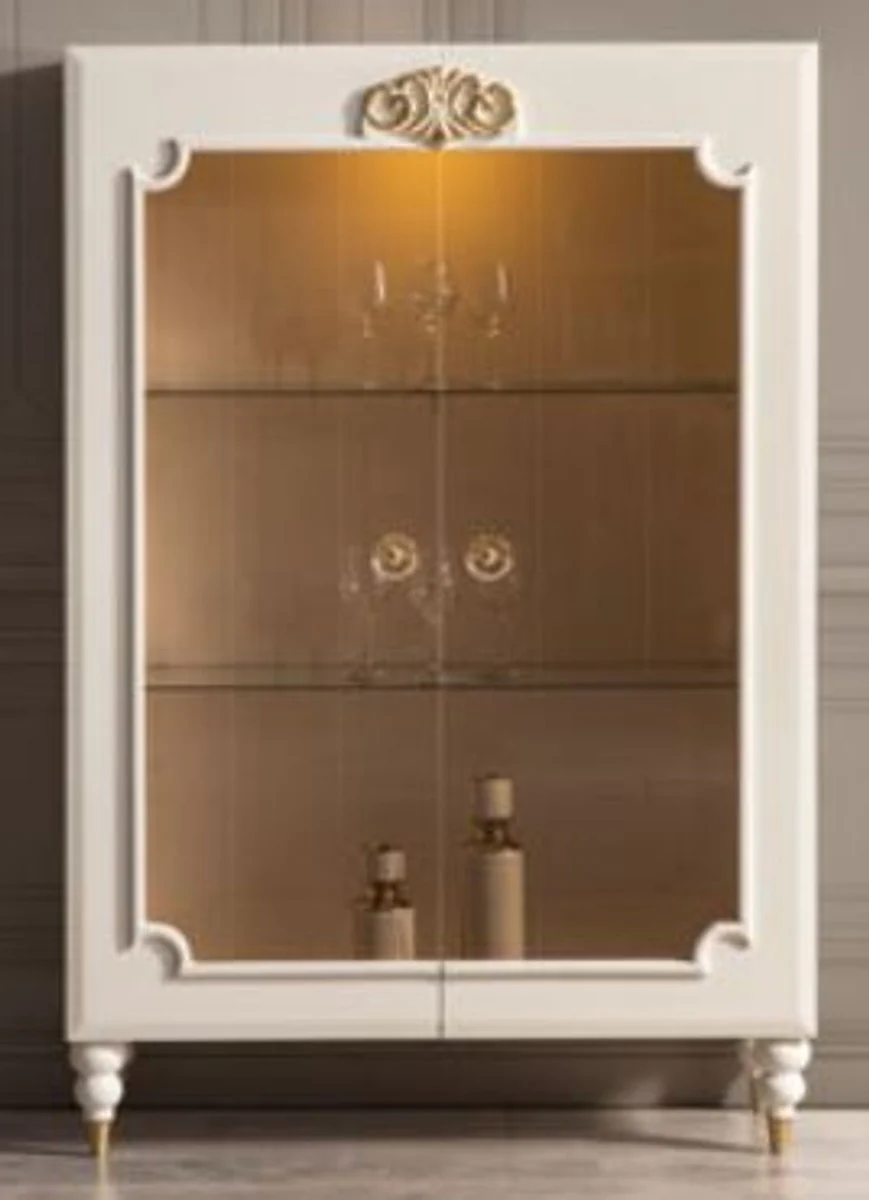 Luxus Barock Vitrine Weiß / Gold 116 x 45 x H. 170 cm - Beleuchteter Massivholz Vitrinenschrank mit 2 Glastüren - Edle Barock Möbel