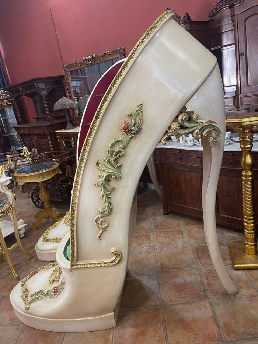 Luxus Barock High Heel Vitrine Lila / Creme / Gold - Handgefertigter Massivholz Damenschuh Vitrinenschrank - Prunkvolle Barock Möbel