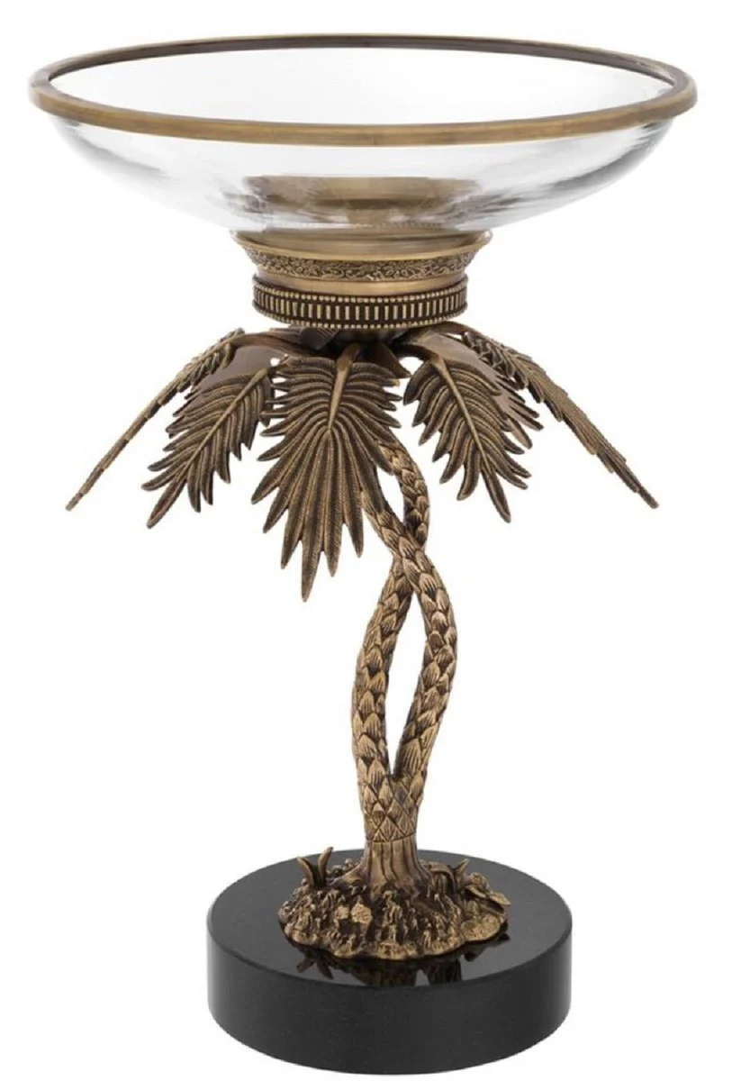 Luxus Glasschale mit Messing Palmen Ständer und Granitsockel Vintage Messing /Schwarz Ø 33,5 x H. 50,5 cm - Hotel & Restaurant Accessoires