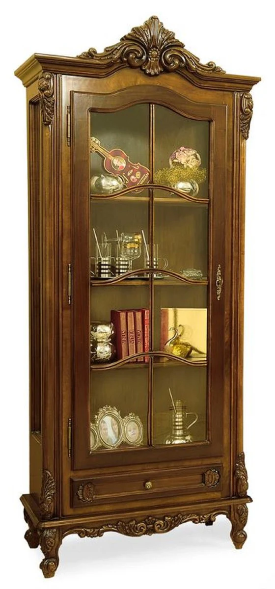 Luxus Barock Vitrine Braun - Prunkvoller Massivholz Vitrinenschrank mit Glastür und Schublade - Handgefertigte Barock Möbel - Edel & Prunkvoll