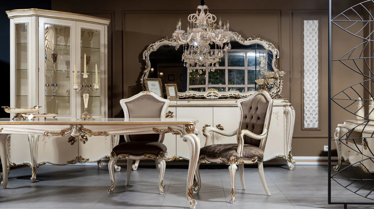 Luxus Barock Vitrine Cremefarben / Weiß / Gold - Handgefertigter Massivholz Vitrinenschrank mit 2 Glastüren - Barock Möbel