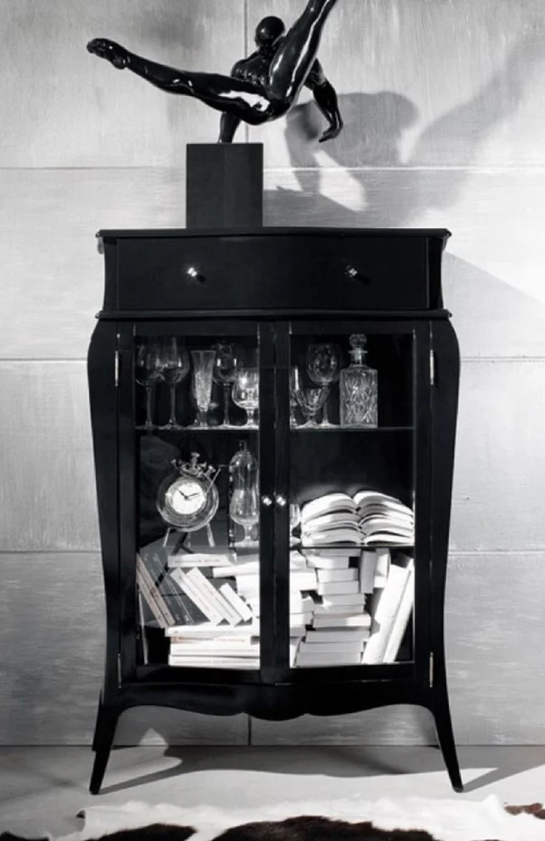 Luxus Barock Vitrine Hochglanz Schwarz - Massivholz Vitrinenschrank mit 2 Glastüren und Schublade - Luxus Möbel im Barockstil - Barock Möbel - Barock Einrichtung - Edel & Prunkvoll