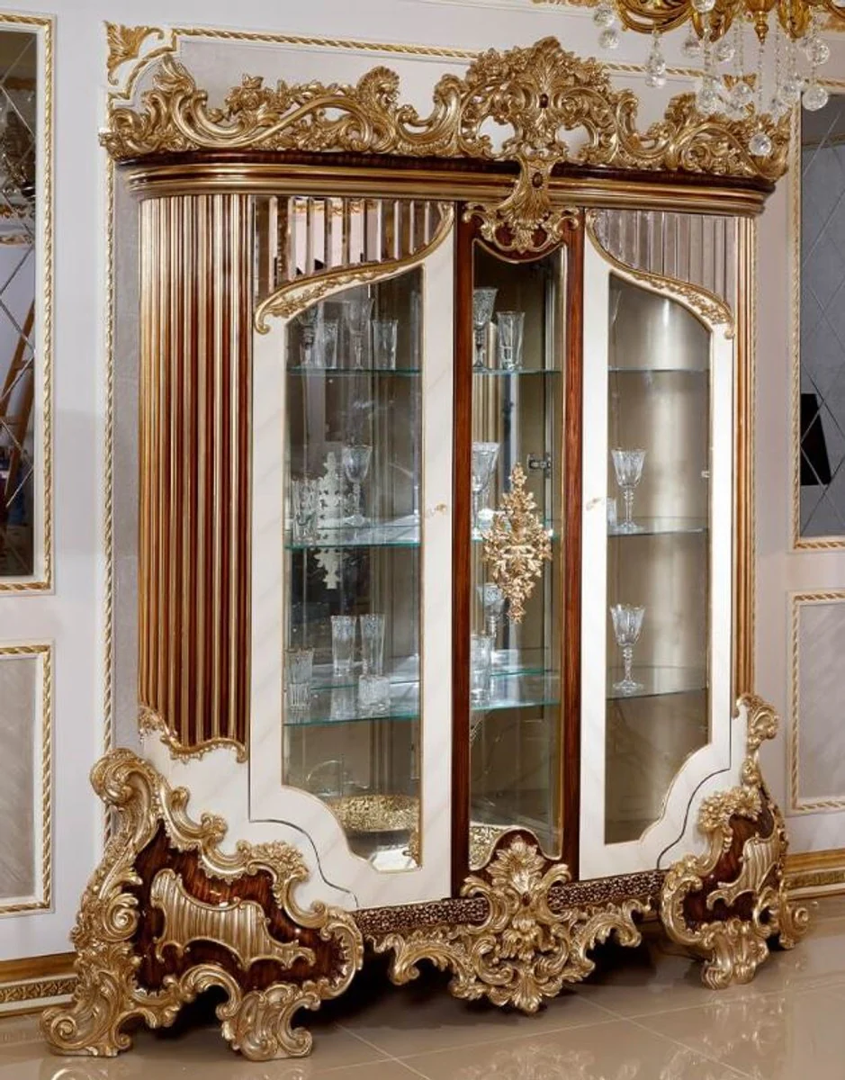 Luxus Barock Vitrine Weiß / Braun / Gold - Prunkvoller Massivholz Vitrinenschrank mit 2 Glastüren - Handgefertigte Barock Möbel - Edel & Prunkvoll