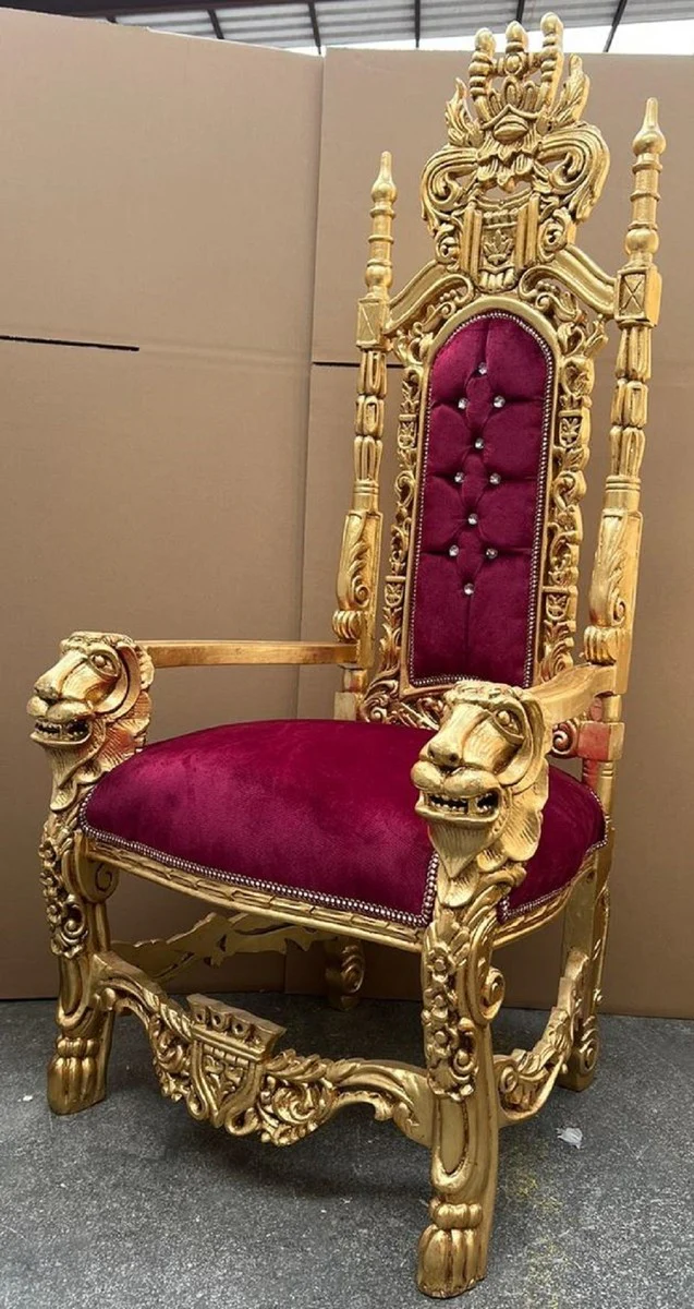 Barock Thron Sessel Bordeauxrot / Gold - Prunkvoller Barockstil Königssessel mit Glitzersteinen und edlem Samtstoff - Barockstil Hochzeitssessel - Barock Riesensessel - Barock Möbel