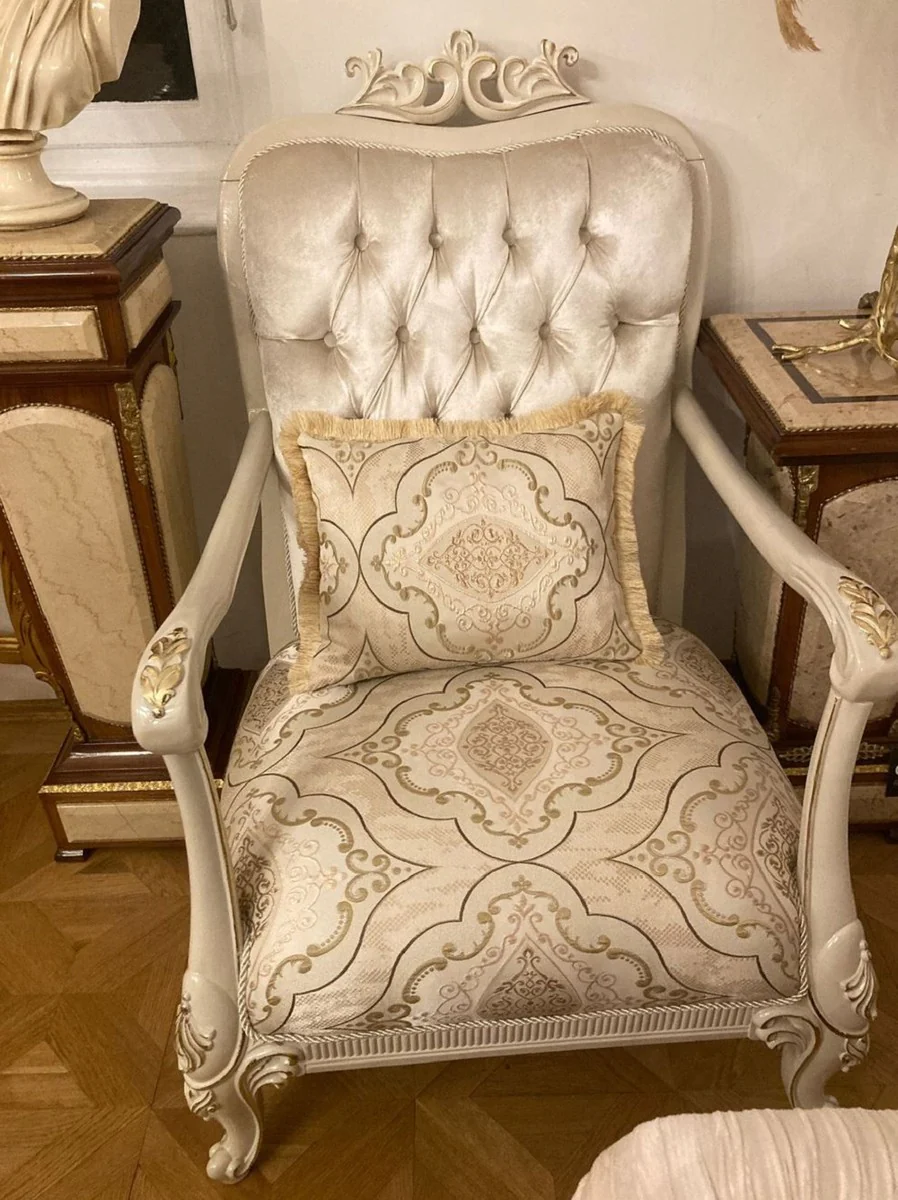 Luxus Barock Sessel Silber / Mehrfarbig / Creme / Gold - Prunkvoller Wohnzimmer Sessel mit elegantem Muster - Luxus Wohnzimmer Möbel im Barockstil - Barock Möbel - Edel & Prunkvoll