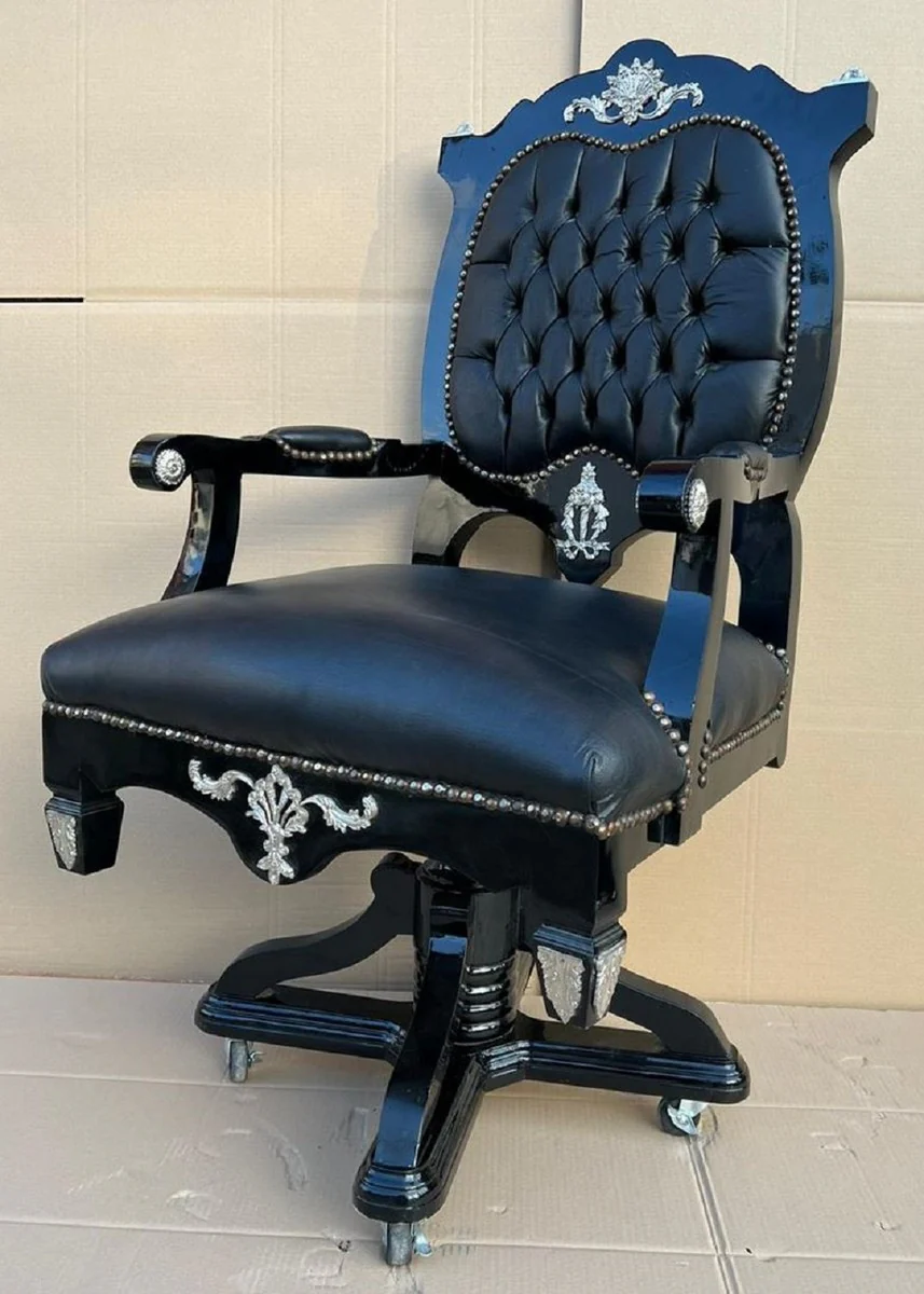 Barock Schreibtischstuhl Schwarz / Silber - Höhenverstellbarer Barockstil Bürostuhl mit edlem Kunstleder - Barock Büro Möbel - Edel & Prunkvoll