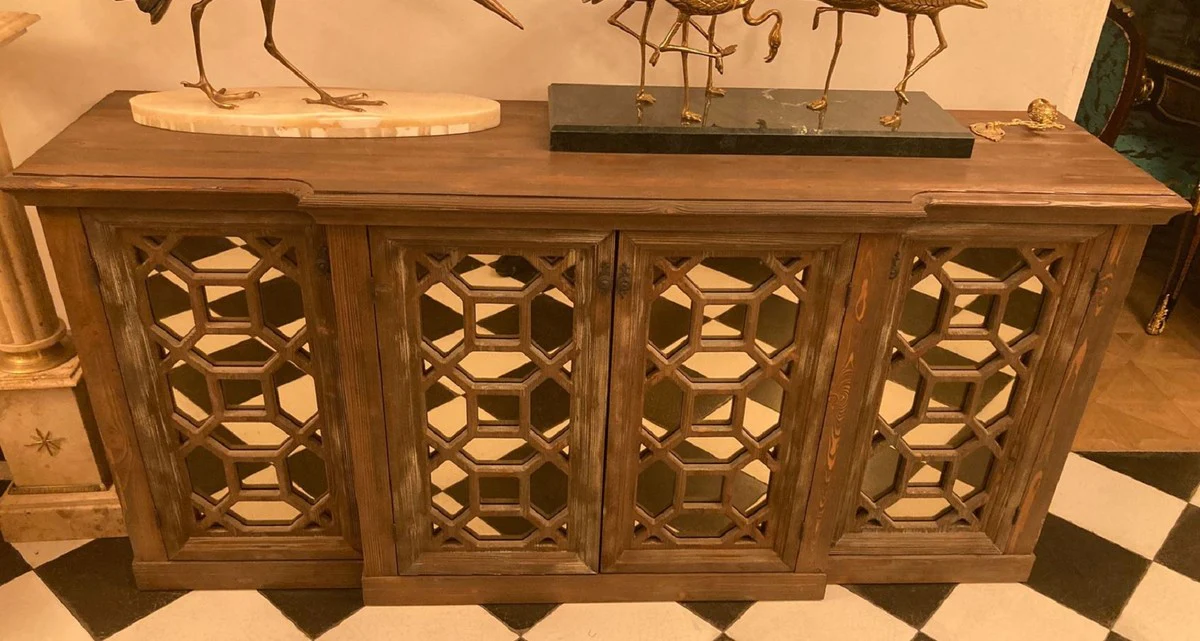 Landhausstil Sideboard Antik Braun 210 x 50 x H. 100 cm - Massivholz Schrank mit 4 verspiegelten Türen - Landhausstil Möbel