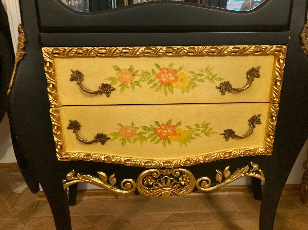 Barock Vitrine Schwarz / Mehrfarbig / Gold / Messing - Handgefertigter Massivholz Vitrinenschrank mit Glastür und 2 Schubladen - Barock Möbel