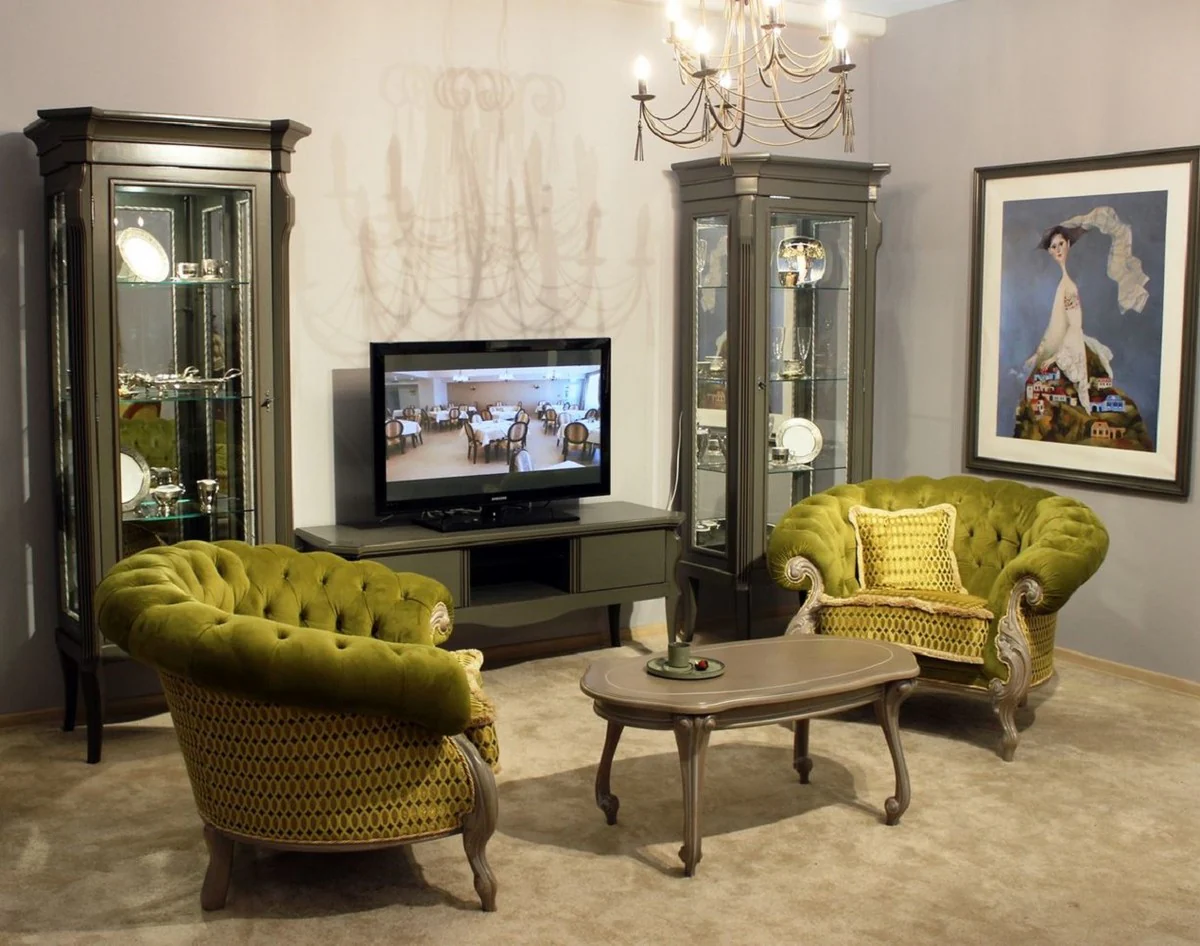 Luxus Barock Vitrine Grau - Prunkvoller Massivholz Vitrinenschrank mit Glastür und Glasregalen - Handgefertigte Barock Möbel - Edel & Prunkvoll