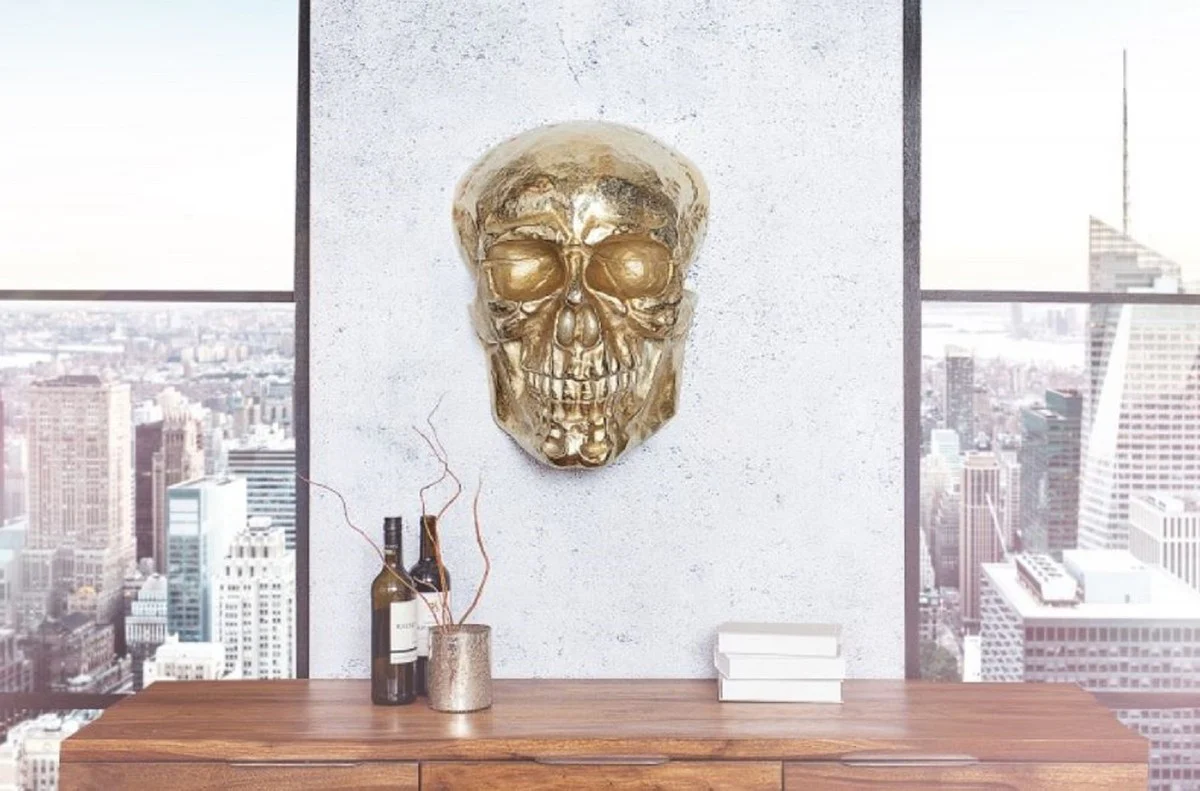 Designer Metall Wanddeko Skulptur Totenkopf Gold 30 x 20 x H. 40 cm - Metall Wanddeko Figur Skull