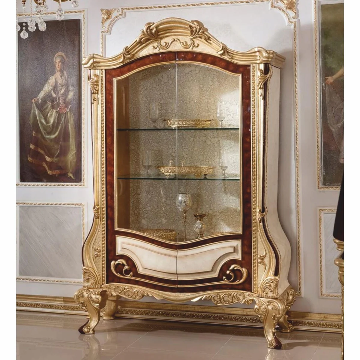 Luxus Barock Vitrine Weiß / Braun / Gold H. 220 cm - Barock Möbel