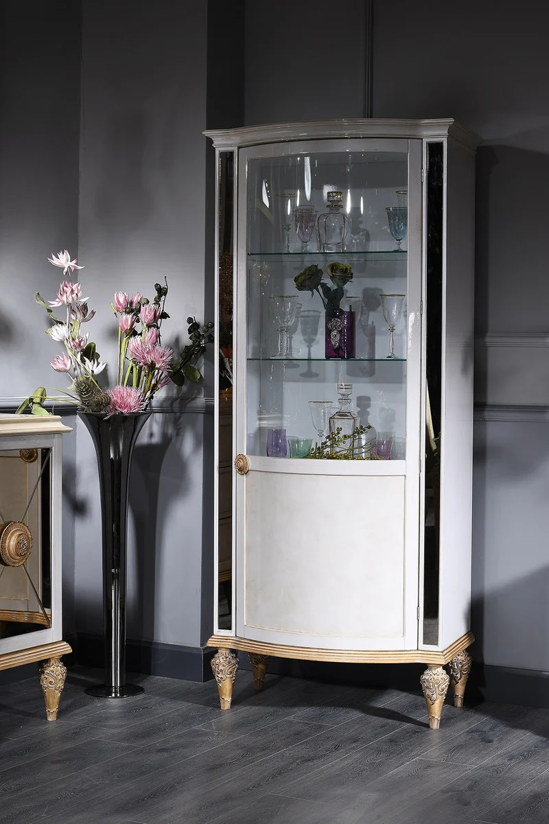 Luxus Barock Vitrine Weiß / Gold 80 x 42 x H. 196 cm - Barock Vitrinenschrank