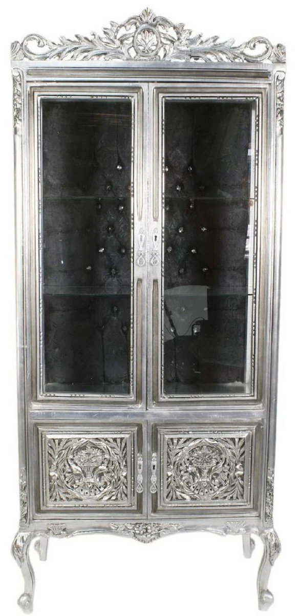 Barock Vitrine Silber / Schwarz 100 x 40 x H. 170 cm - Prunkvoller Barock Vitrinenschrank mit 2 Glastüren wunderschönen Verzierungen und Glitzersteinen