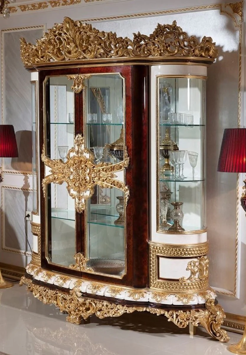 Luxus Barock Vitrine Weiß / Braun / Gold - Prunkvoller Massivholz Vitrinenschrank mit 2 Glastüren - Barock Möbel - Edel & Prunkvoll