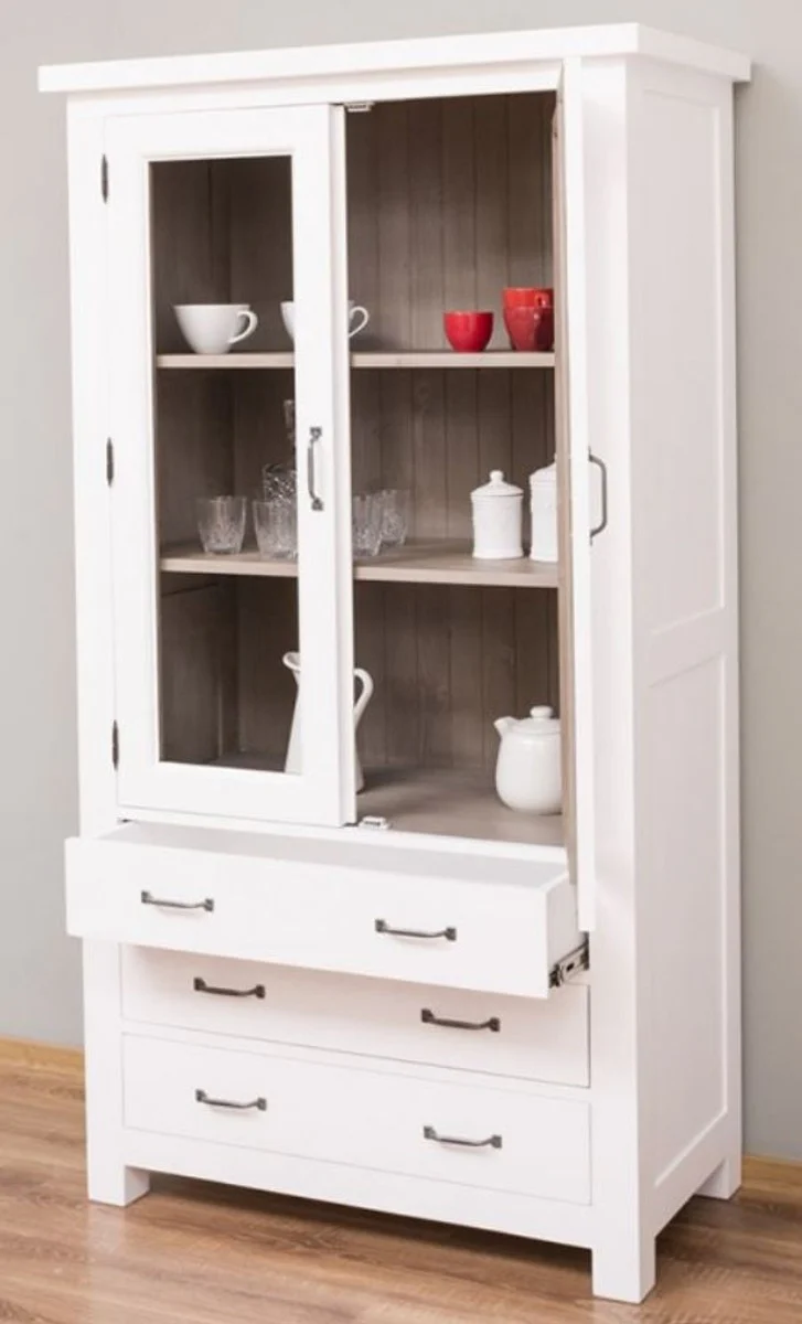 Landhausstil Küchenschrank Weiß / Grau 100 x 50 x H. 180 cm - Massivholz Vitrinenschrank mit 2 Glastüren und 3 Schubladen - Landhausstil Küchen Möbel