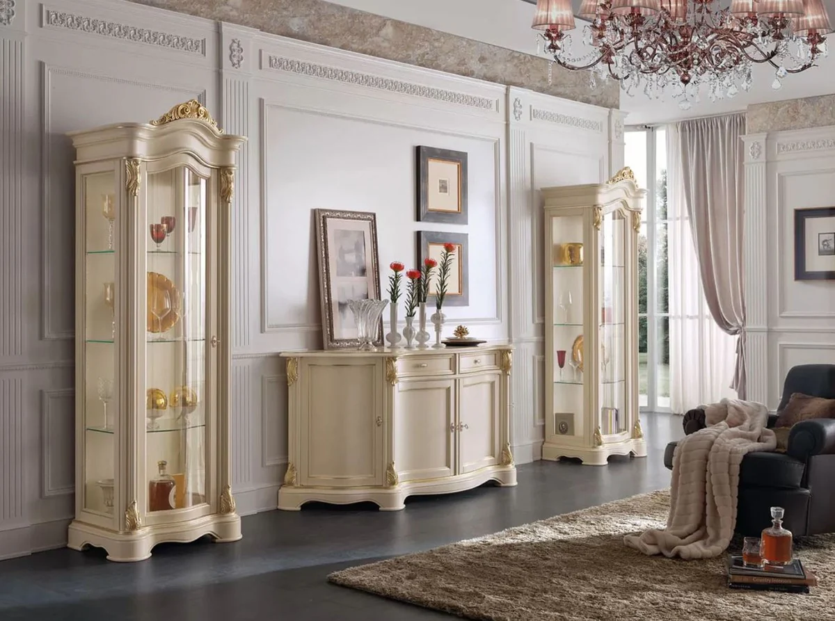 Luxus Barock Vitrine Cremefarben / Gold - Handgefertigter Massivholz Vitrinenschrank mit Tür - Prunkvolle Barock Möbel - Luxus Qualität - Made in Italy