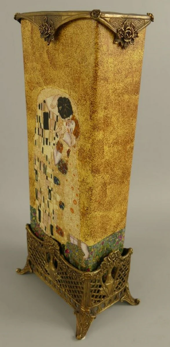 Jugendstil Deko Vase Mehrfarbig / Messing 15 x 10 x H. 34 cm - Porzellan Blumenvase - Barock & Jugendstil Deko Accessoires