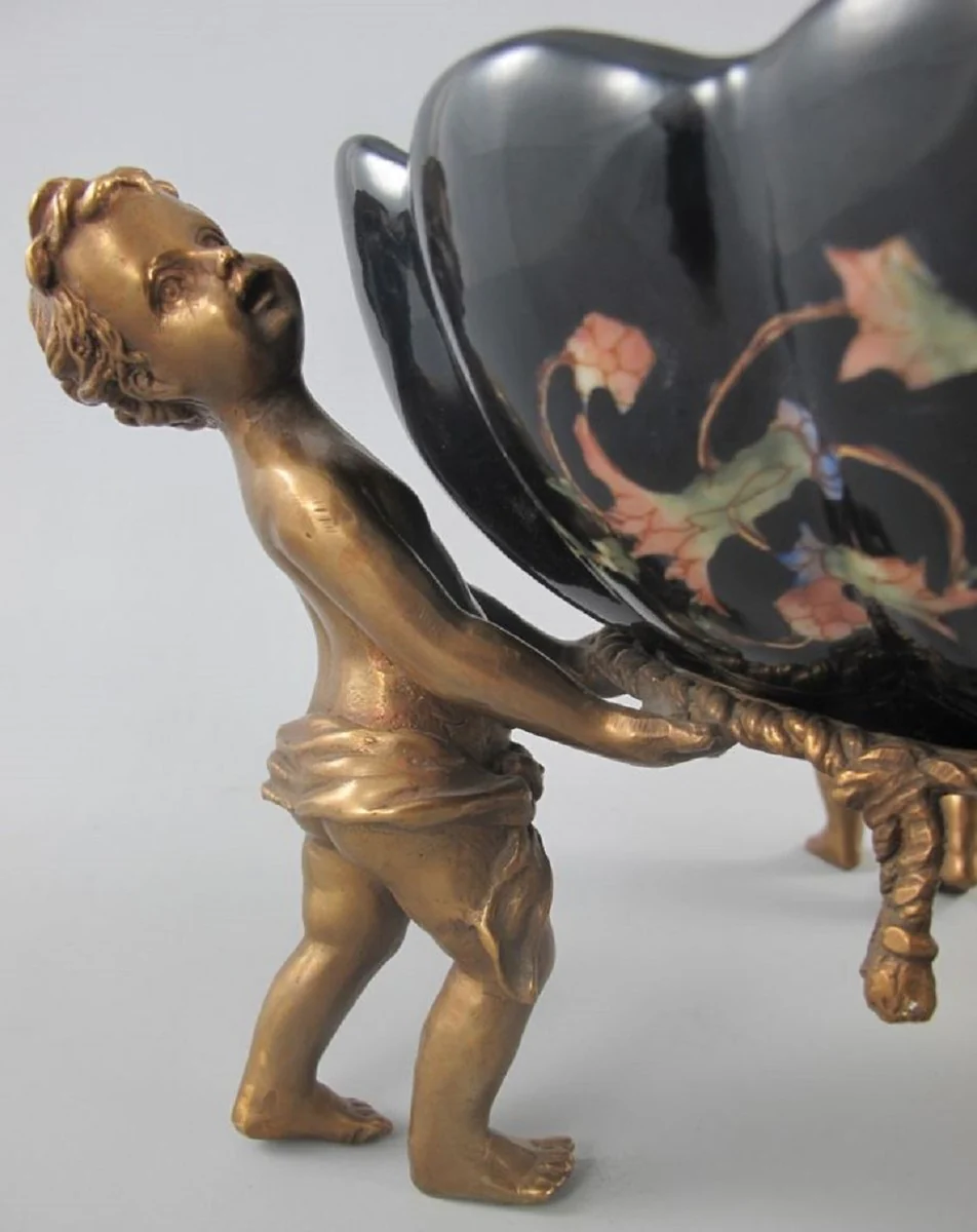 Jugendstil Porzellan Schale mit 4 dekorativen Engelsfiguren Schwarz / Mehrfarbig / Messingfarben 40 x 34 x H. 17 cm - Barock & Jugendstil Deko Accessoires