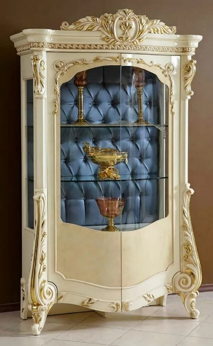 Luxus Barock Vitrine Beige / Weiß / Gold / Blau - Prunkvoller Massivholz Vitrinenschrank mit 2 Glastüren - Handgefertigte Barock Möbel - Edel & Prunkvoll