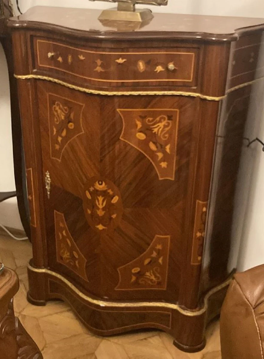 Barock Kommode mit Schublade und Tür Braun Intarsien / Gold - Handgefertigter Massivholz Schrank im Barockstil - Möbel im Barockstil - Barock Möbel - Barock Einrichtung