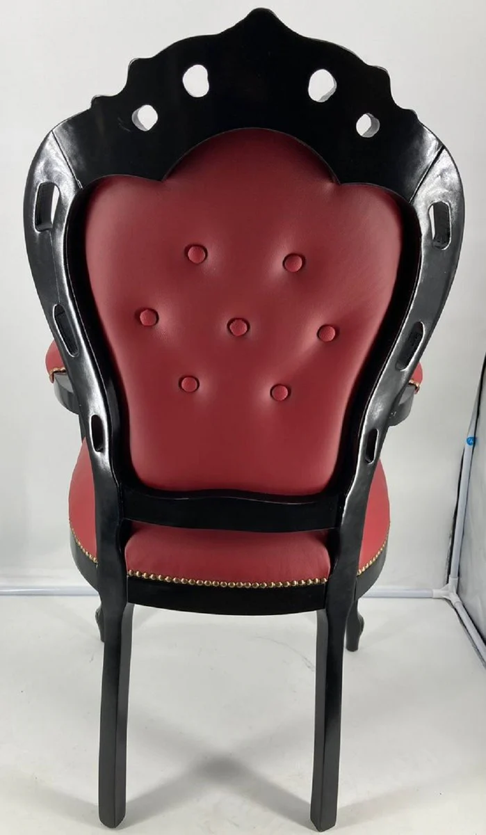 Luxus Barock Leder Esszimmerstuhl mit Armlehnen Bordeauxrot / Schwarz - Prunkvoller Echtleder Stuhl im Barockstil - Barock Esszimmer Möbel - Luxus Qualität - Made in Italy