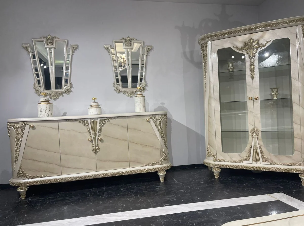 Luxus Barock Vitrine Beige / Grau / Gold - Prunkvoller Massivholz Vitrinenschrank mit 2 Glastüren - Luxus Möbel im Barockstil - Barock Möbel - Edel & Prunkvoll