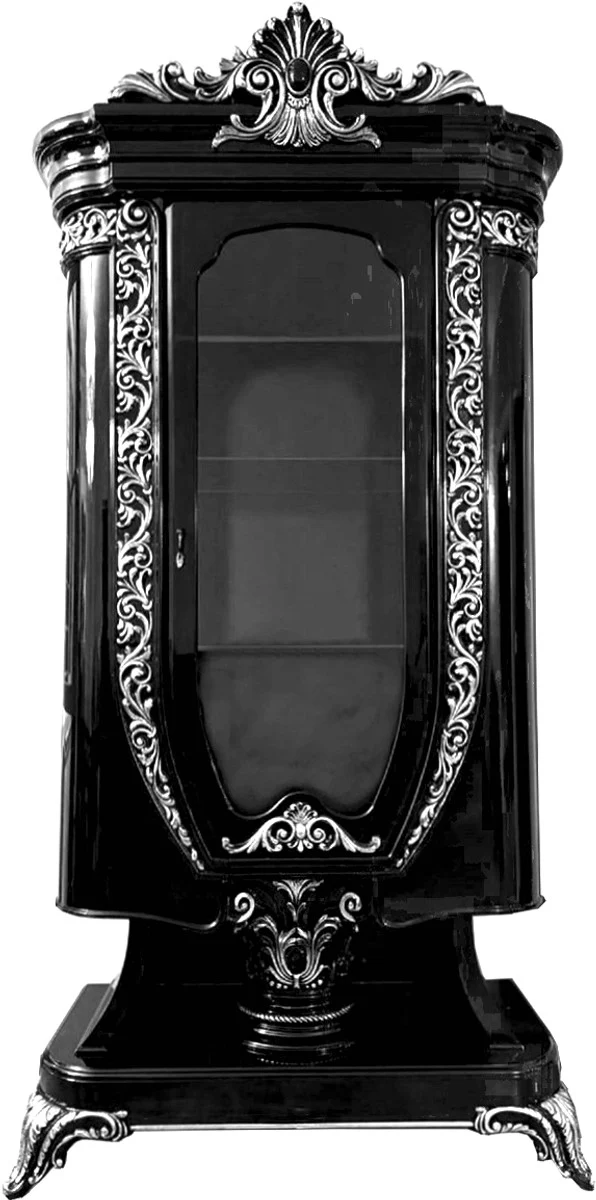 Luxus Barock Vitrine mit Glastür Schwarz / Silber - Handgefertigte Barock Möbel