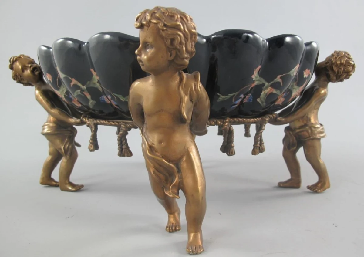 Jugendstil Porzellan Schale mit 4 dekorativen Engelsfiguren Schwarz / Mehrfarbig / Messingfarben 40 x 34 x H. 17 cm - Barock & Jugendstil Deko Accessoires