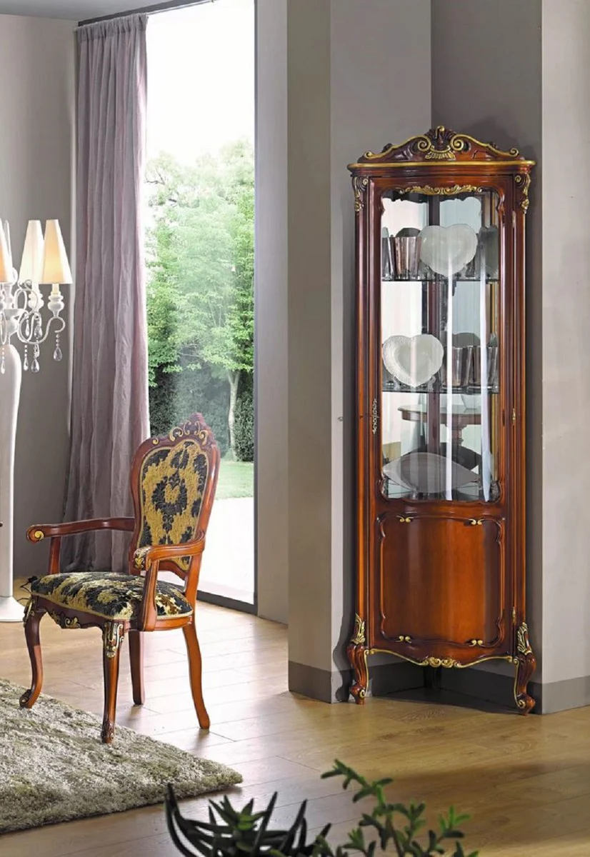 Luxus Barock Eckvitrine Braun / Gold - Handgefertigter Massivholz Eckschrank mit Tür - Edle Barock Möbel - Luxus Qualität - Made in Italy