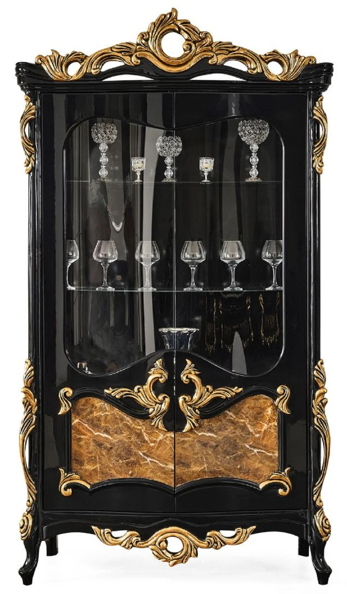 Luxus Barock Vitrine Schwarz / Braun / Gold 156 x 50 x H. 220 cm - Prunkvoller Massivholz Vitrinenschrank mit 2 Glastüren - Barock Möbel