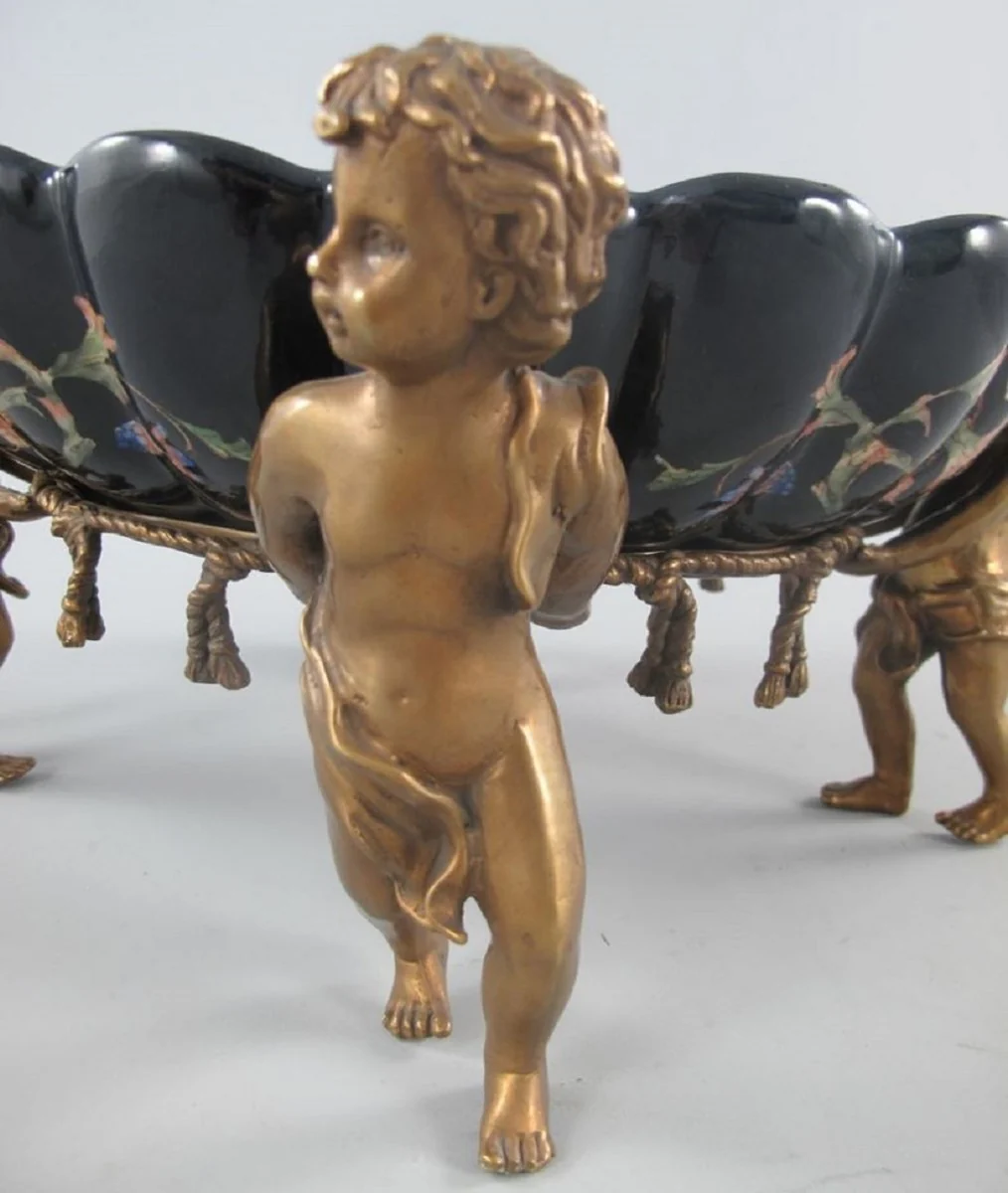 Jugendstil Porzellan Schale mit 4 dekorativen Engelsfiguren Schwarz / Mehrfarbig / Messingfarben 40 x 34 x H. 17 cm - Barock & Jugendstil Deko Accessoires