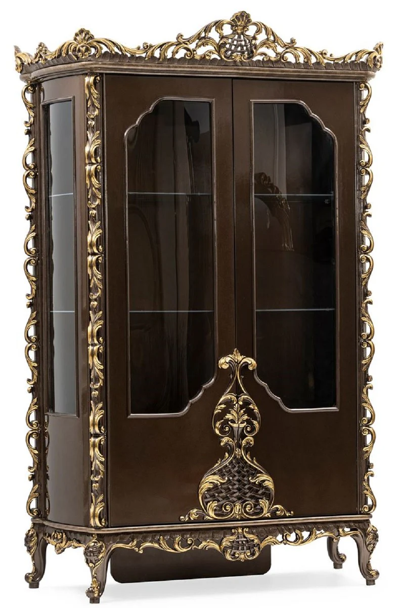 Luxus Barock Vitrine Braun / Gold - Prunkvoller Massivholz Vitrinenschrank mit 2 Türen - Luxus Möbel im Barockstil - Barock Möbel - Edel & Prunkvoll